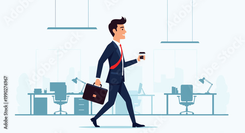 Confident businessman in a formal suit walks through a modern office carrying a leather briefcase and a cup of takeaway coffee.