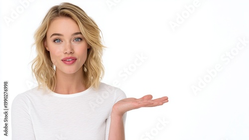 Blonde girl with short hair in an advertisement-style image, white background with copyspace