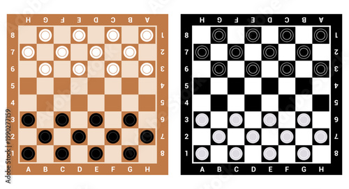 Two checkers game boards in different color styles with initial piece setup. Clean vector featuring classic 8x8 grid and black and white pieces. Ideal for board games or strategy concepts.