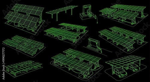 AutoCAD Solar System for Business Centers Blueprint Vector Collection – Commercial Energy Infrastructure Diagram Green Outline on Black Background