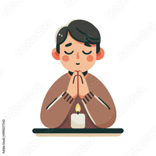 Illustration of a Man Praying with Eyes Closed Near a Candle on White Background