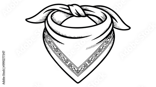 A classic folded bandana, tied neatly at the top, featuring a decorative patterned border, presented as a simple black and white line art illustration.