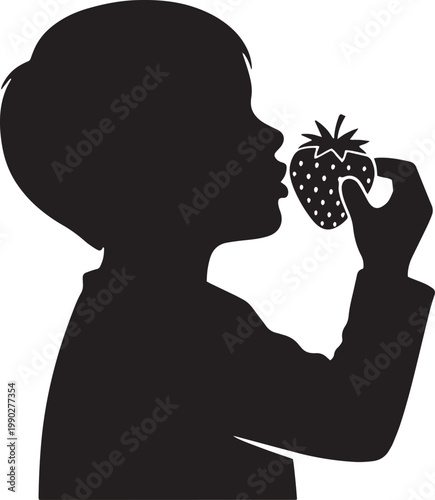 Silhouette of child smelling strawberry, kid eating fruit, healthy eating, black silhouette