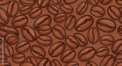 Seamless pattern shows a dense arrangement of roasted brown coffee beans with realistic details on a matching brown background.