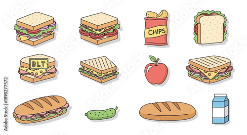 Assorted sandwiches and food items displayed.