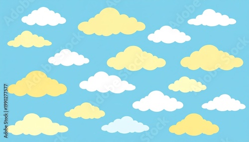 Collection of Fluffy White and Yellow Clouds on a Bright Blue Sky Background.
