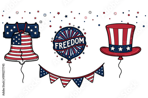 Illustrations of American Independence Day symbols including the Liberty Bell, a patriotic banner, and a top hat, with confetti and balloons