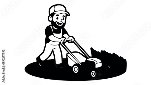 A cartoon man with a beard, wearing overalls and a cap, happily pushes a lawnmower through grass in a black and white illustration.