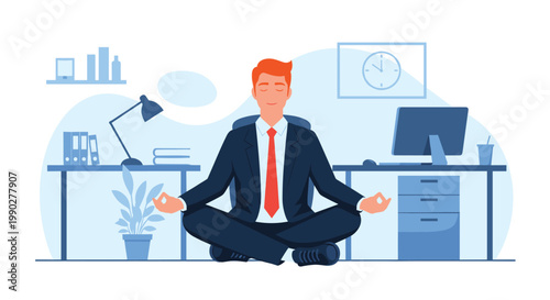 Calm businessman sits in a lotus meditation pose in his office to reduce stress and find inner peace during a busy workday.