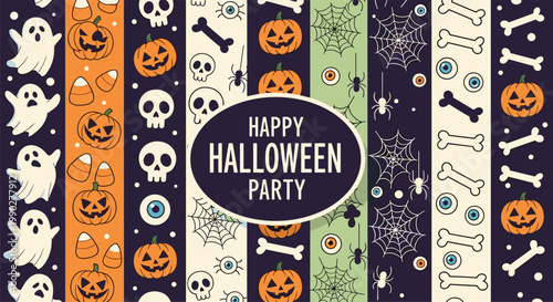 Halloween themed vertical stripes feature a festive variety of icons including ghosts, pumpkins, skulls, spiders, and spider webs.