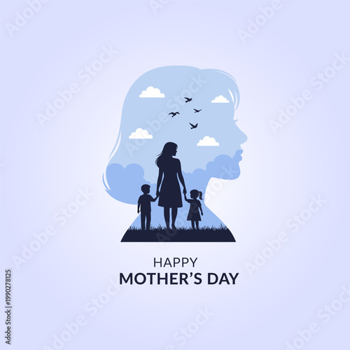 Happy mother's day vector illustration with silhouette of mother walking with children inside female profile head shaped frame with sky clouds birds and meadow background for celebration