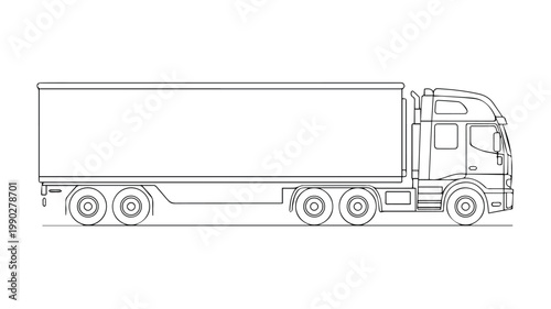 A detailed line drawing of a large articulated lorry (semi-trailer truck) with a long trailer, shown in profile against a white background.
