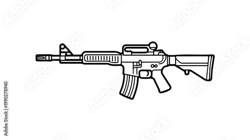 A black and white illustration of an assault rifle, a type of firearm, emphasizing its mechanical details and tactical design for various contexts.
