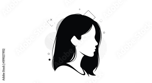 Elegant silhouette profile of a young woman featuring flowing hair against a minimalist background with geometric design elements.