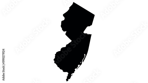 A solid black silhouette of the state of New Jersey, clearly outlining its distinctive geographical shape against a white background.