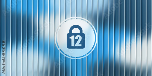 Abstract background with a glossy circular icon featuring a number 12 inside a padlock symbol, representing age restriction or security concept in modern 3D design.