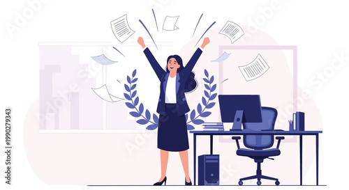 Successful businesswoman cheering with arms raised as she celebrates a major achievement in her modern office while papers fly.