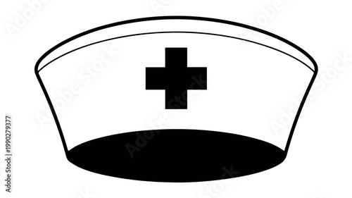 A traditional white nurse's cap with a black band and a prominent black cross symbol, representing the nursing profession and healthcare.