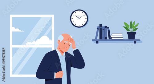 Concerned elderly man in a suit holding his head in a room with a window and bookshelves representing stress or memory issues.