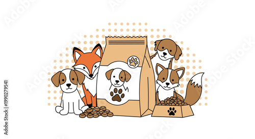 Illustration of friendly dogs and foxes gathered around a large bag of pet food and a bowl filled with nutritious kibble.