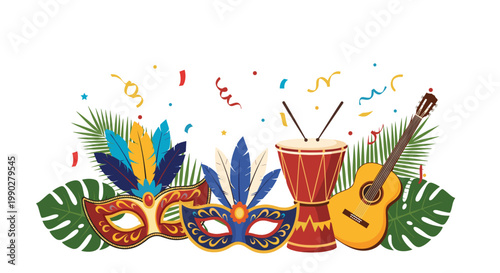 Vibrant carnival celebration scene featuring ornate masks, a drum, guitar, confetti, and lush green tropical palm leaves.