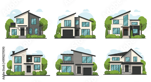 Collection of six different modern architectural house designs featuring contemporary styles, large windows, and landscaped yards.
