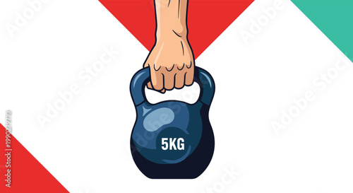 Strong hand firmly grasping a heavy five kilogram kettlebell against a geometric red, white, and teal background.