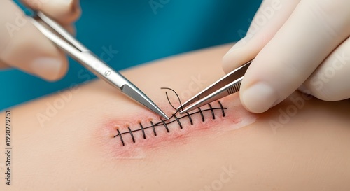 Suture Removal Procedure Close Up – Doctor Removing Stitches from Healing Surgical Wound