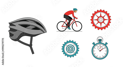 Collection of professional cycling elements including a helmet, a rider on a bicycle, mechanical gears, and a stopwatch.