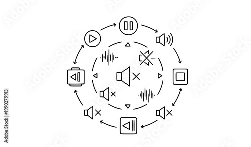 Minimal music interface line icons vector set with sound controls volume mute and arrows for UI UX infographic design