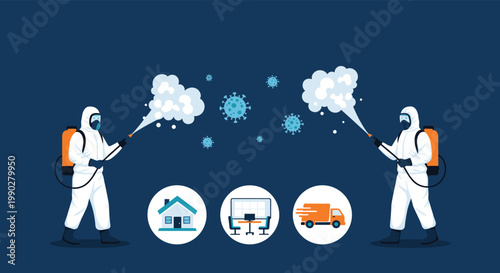 Professional team in protective hazmat suits disinfects residential and commercial spaces to prevent the spread of virus and ensure public safety.