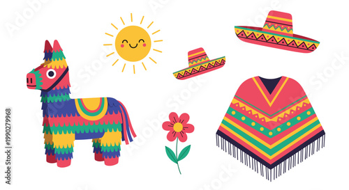 Vibrant collection of traditional Mexican culture symbols including a colorful pinata, sombreros, a patterned poncho, and a smiling sun for celebrations.