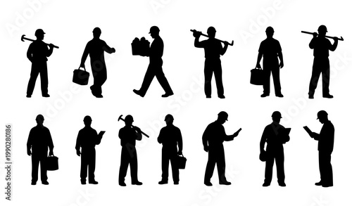 Worker silhouette vector set with industrial labor poses isolated illustration collection