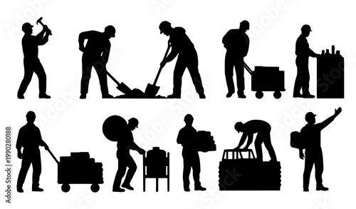 Industrial worker silhouette action poses vector illustration set for labor design