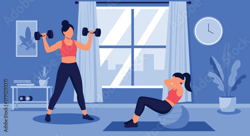 Two active women performing home workout routines including weightlifting with dumbbells and core exercises on a fitness ball in a cozy living room.