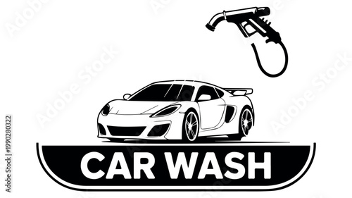 A bold black and white car wash logo showcases a sleek sports car positioned over a curved banner, with a pressure washer nozzle depicted above.