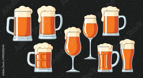 Collection of various beer glasses, mugs, and pints filled with cold golden lager topped with thick white foam on a dark textured background.