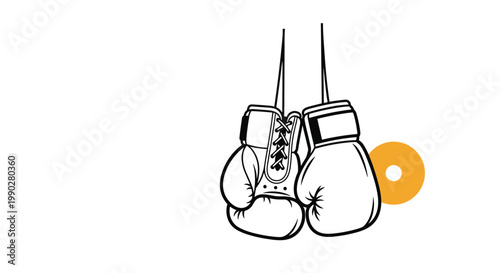 Pair of classic boxing gloves hanging by their laces in a simple outline drawing representing the intensity and discipline of combat sports training.