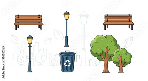 Essential elements of an urban park including wooden benches, classic street lamps, green trees, and a recycling bin for city planning projects.
