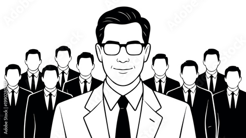 A confident male business leader wearing glasses stands prominently at the forefront, with a diverse team of identical colleagues subtly blurred behind him in this monochrome illustration.