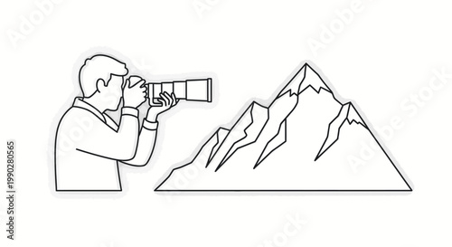 Line drawing of a man taking a photo with a camera in front of a mountain range.