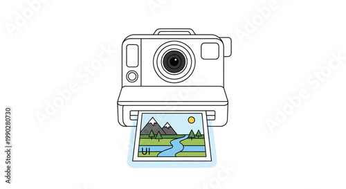Line drawing of a camera printing a scenic landscape photo with mountains, river, and sun.