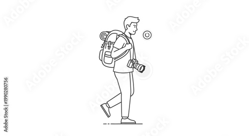 A man walks while carrying a backpack and camera with a thoughtful expression on a plain white background.