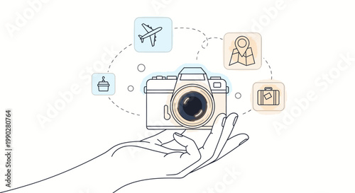 Line drawing of a hand holding a camera with travel and photography icons floating around it on a white background.