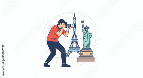 Illustration of a photographer capturing the Statue of Liberty and Eiffel Tower with a camera in a minimalist line art style with a clean white background.