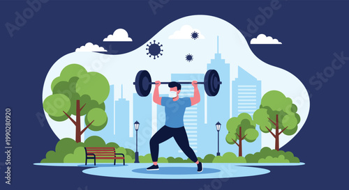 Man wearing a protective face mask lifting a barbell in an outdoor city park during the pandemic for fitness safety.