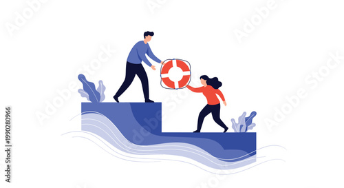 Man reaching out to help a woman by offering a lifebuoy while they both navigate a blue abstract wavy path together.