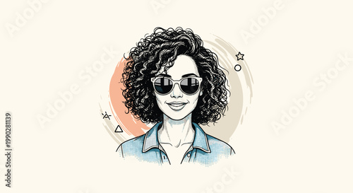 Stylized illustration of a smiling woman with voluminous curly hair wearing dark sunglasses and a denim shirt.