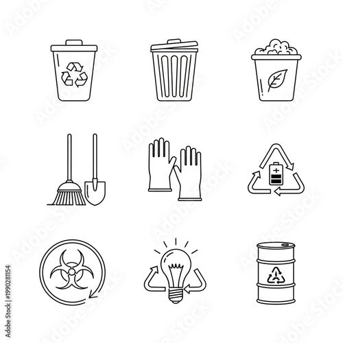 Recycling and waste management icons set in black and white