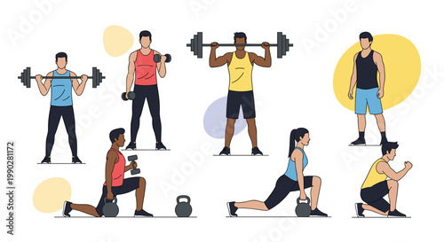 Diverse group of men and women performing various strength training exercises with barbells, dumbbells, and kettlebells.